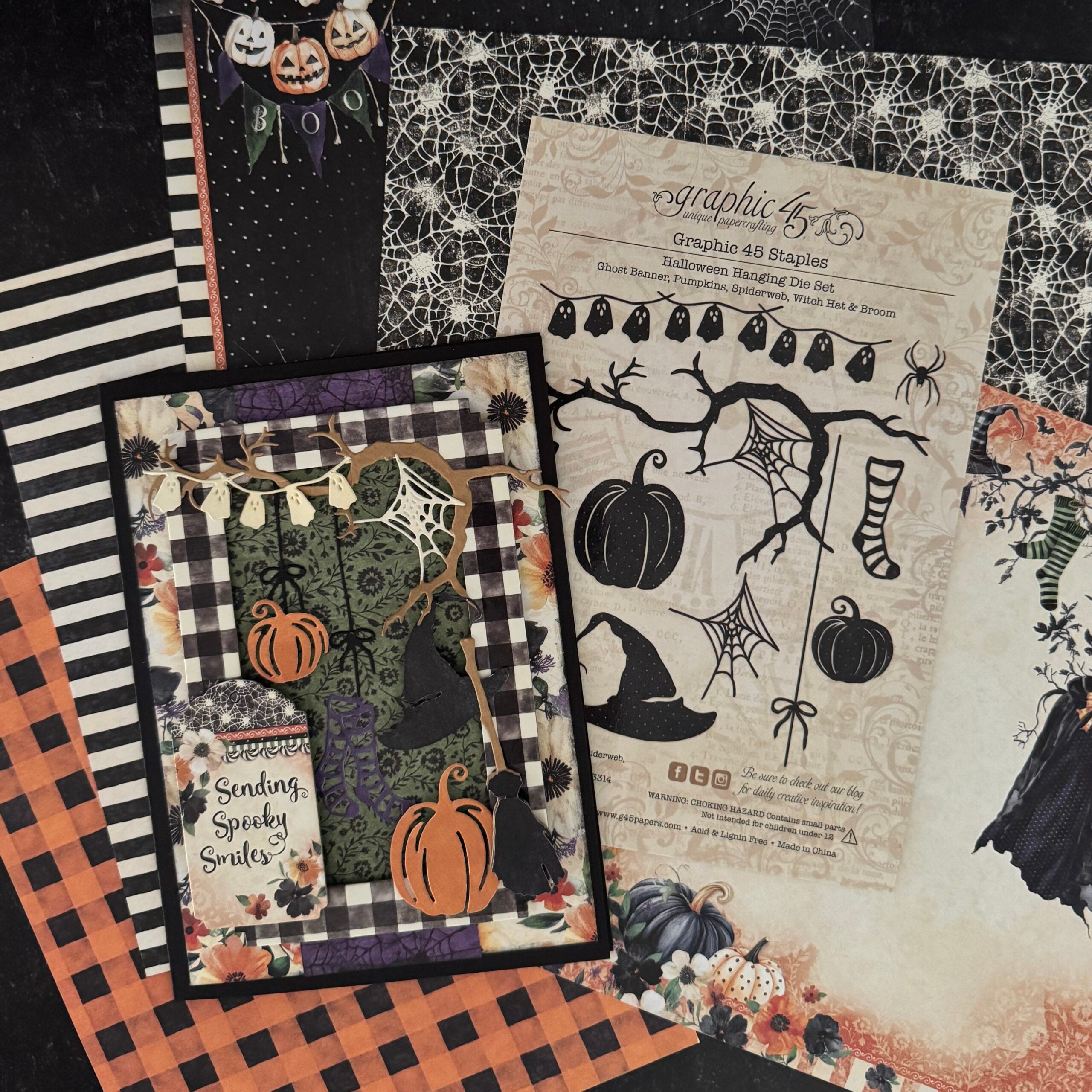 Halloween Hanging Die Set – Ghost Banner, Pumpkins, Spiderweb, Witch Hat & Broom