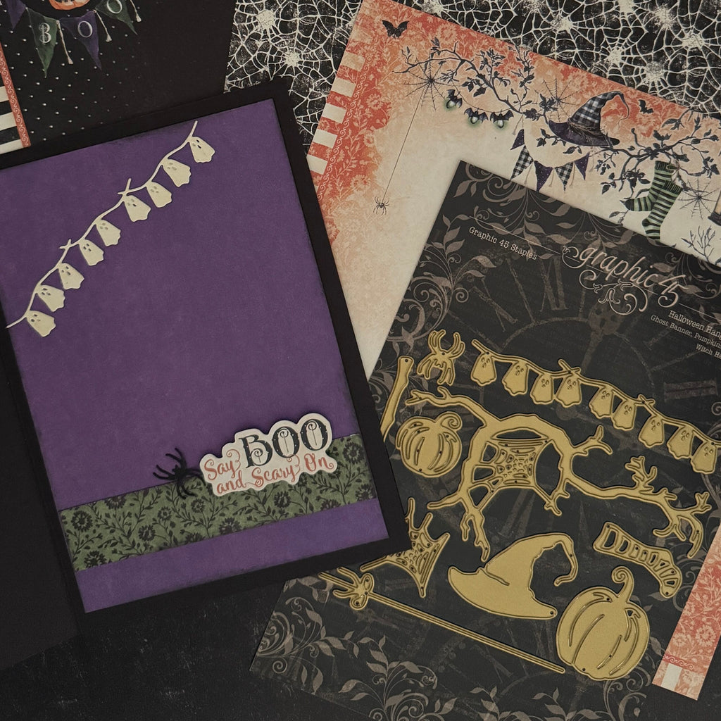Halloween Hanging Die Set – Ghost Banner, Pumpkins, Spiderweb, Witch Hat & Broom